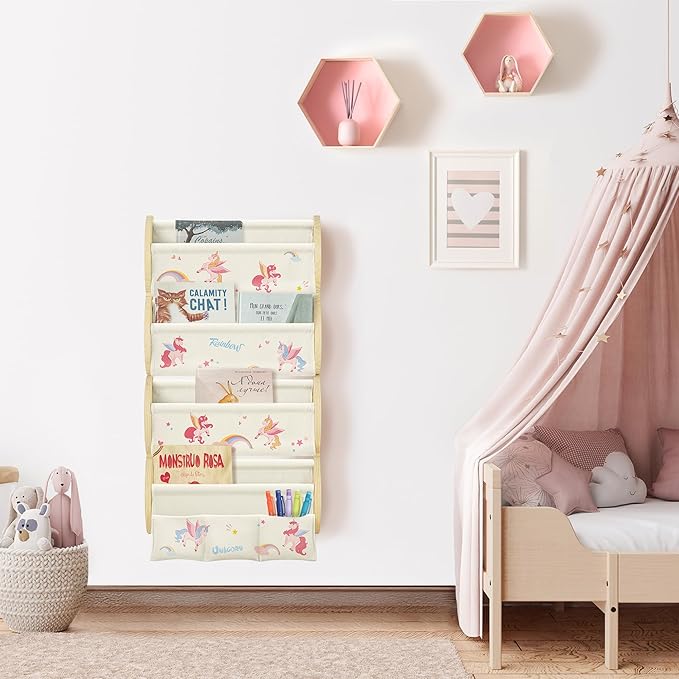 Wooden Wall Mounted Bookshelf for Kids Rooms, 4 Tier Floating Nursery Book Shelf, Kids Bookshelf with 2 Pockets, Toddler Sling Book Rack with Deep Sleeves (Unicorn)