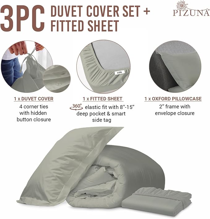 Pizuna 100% Cotton Twin 2 Pc Duvet Cover + 1 Pc Fitted Sheet Set 400 Thread Count Silver Sateen Weave Luxurious Long Staple Cotton 4 Piece Bedding Set - 1 Duvet Cover, 1 Pillow Sham, 1 Fitted Sheet