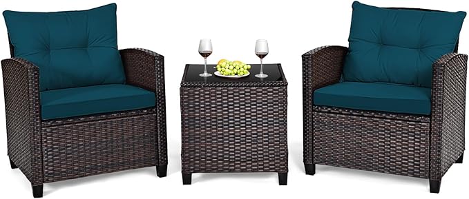 Tangkula 3 Pieces Patio Furniture Set, PE Rattan Wicker 3 Pcs Outdoor Sofa Set w/Washable Cushion and Tempered Glass Tabletop, Conversation Furniture for Garden Poolside Balcony (Prussian Blue)