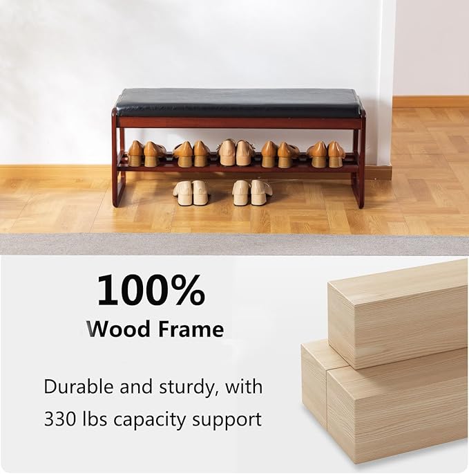 Solid Wood Shoe Bench, 2-Tier Wooden Entryway Bench, Modern Shoe Rack with Faux Leather Cushion for Hallway, Living Room (Black, 39.4'')