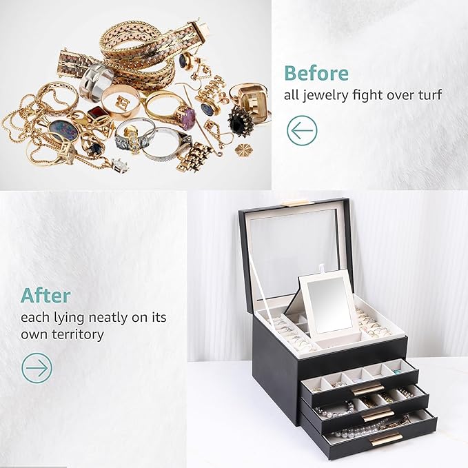 BOOVO Clear Lid Jewelry Box,4 Layers Jewelry Organizer Large Jewelry Storage Box with 3 Drawers,Jewelry Holder Organzier of Rings Earrings Necklace Bracelets for Women (Black, 4 Layer)