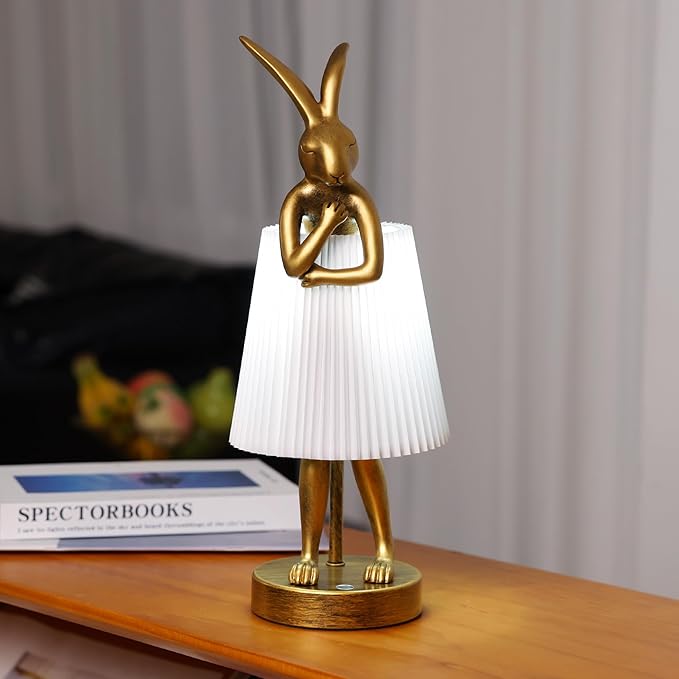 Rabbit Lamp, Bunny Desk Light with Pleated Shade, Big Face Novelty LED Night Light, Cordless Rechargeable Battery Operated, Whimsical Art Deco Home Office Decor Gift for Bedroom, Kids Room