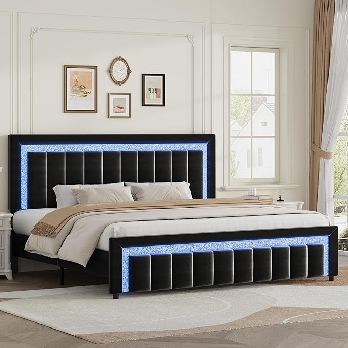 HOMBCK King Size Bed Frame with LED Lights and Velvet Upholstered Headboard, Bed Frame King with Modern Diamond Headboard Adjustable, Wooden Slats Support, Noise Free, No Box Spring Needed, Black
