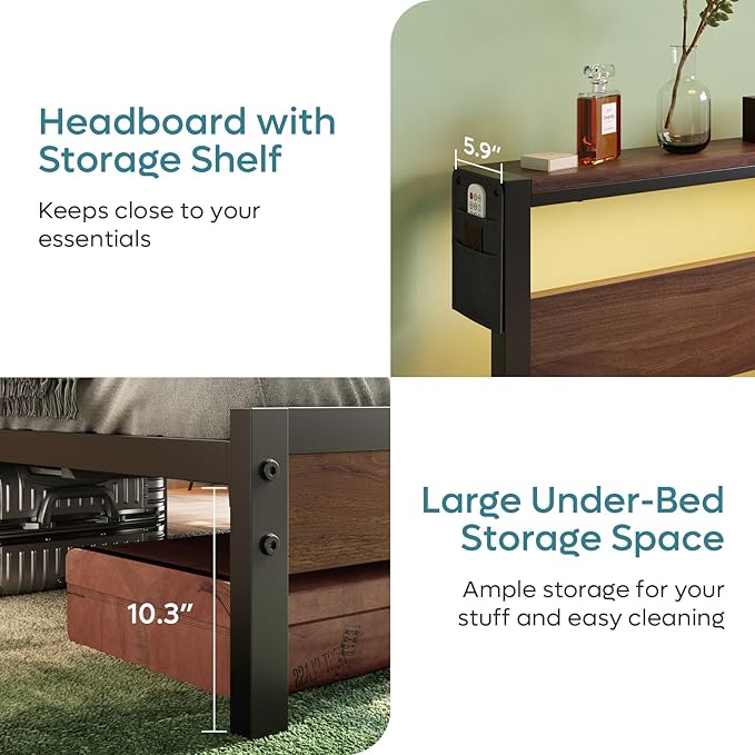 Bestier Queen Bed Frame with Storage Headboard and Charging Station, Walnut Platform Bed Frame with LED Light, Non-Slip Metal Bed Frame, Noise-Free, Easy Assembly,Walnut