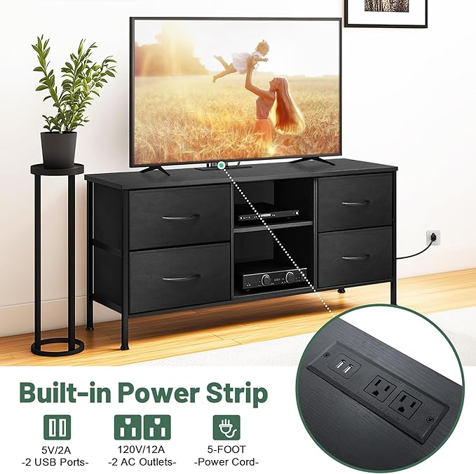 TV Stand for Bedroom, Television Stand for TV up to 46 Inch Entertainment Center Dresser with 4 Drawers Open Storage Shelves for Living Room, Entryway (Black and Charcoal Black)