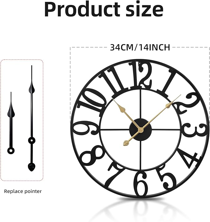 Wall Clock Battery Operated,Silent Non Ticking Modern Rustic Metal Small Clocks for Living Room/Bedroom/Office/Kitchen/Farmhouse Home Decor-14IN(Arabic Number-Black)