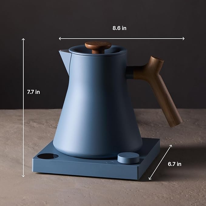 Fellow Corvo EKG Pro Electric Tea Kettle - Quick Heating, Precise Temperature Control Electric Kettle, Scheduling, Built-in Brew Timer for Boiling Water - Hazy Blue with Maple Handle - 0.9 Liter