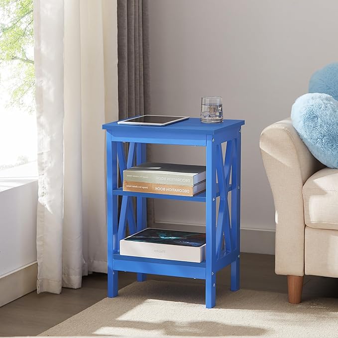 VECELO End Table, Bedside Table, 24" Tall Living Room End Tables, X-Design Reinforced Nightstands, Side Table with 3-Tier Storage Shelves for Small Spaces, Office, Bathroom, Bedroom, Dark Blue