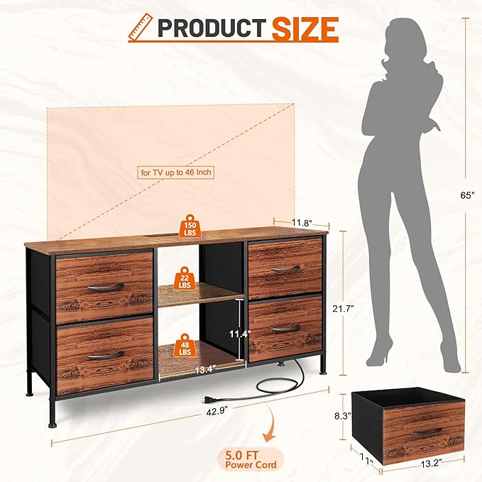 TV Stand for Bedroom, Television Stand for TV up to 46 Inch Entertainment Center Dresser with 4 Drawers Open Storage Shelves for Living Room, Entryway (Brown and Rustic Brown)