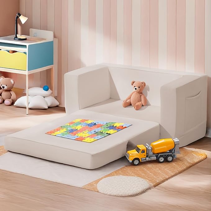 Kids Couch, 2-in-1 Toddler Chair Comfy 1-3 Years, Convertible Kids Chair, Toddler Couch That Fold Out, Kid Lounge Chairs for Boys and Girls, Soft Coral Fleece, Double, Beige