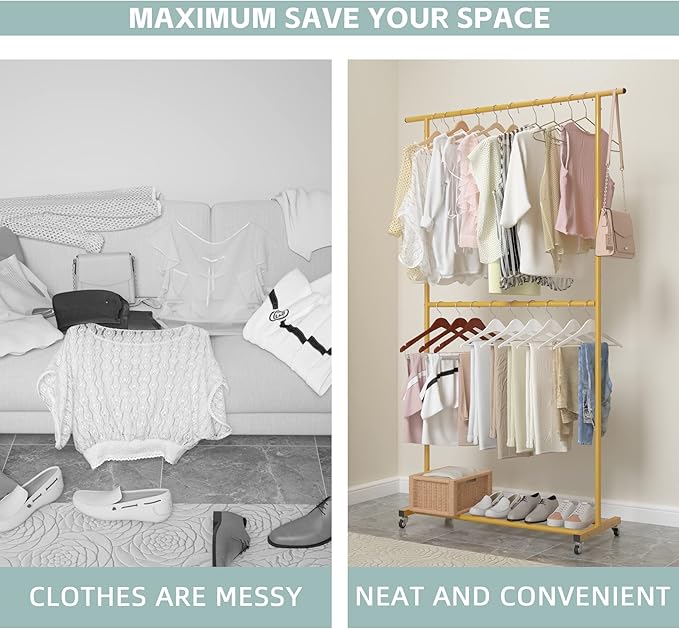 Sywhitta Double Rod Clothing Garment Rack, Rolling Clothes Organizer on Wheels for Hanging Clothes, Easy to Assemble, Adjustable, Gold