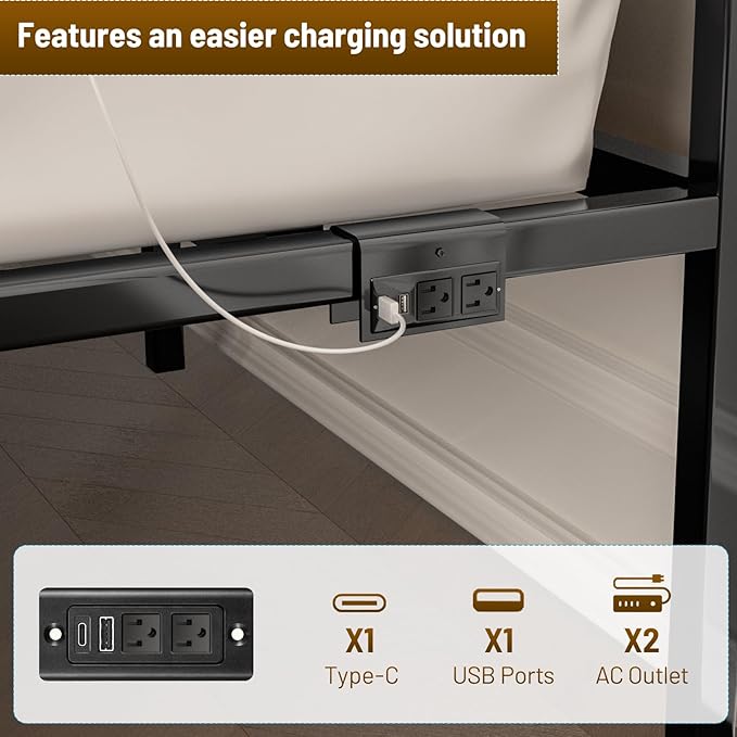 Twin Bed Frame with Headboard,Heavy Duty LED Bed Frame with USB Charging Station,Mattress Foundation-Under Bed Storage, No Box Spring Needed, Noise Free,Brown