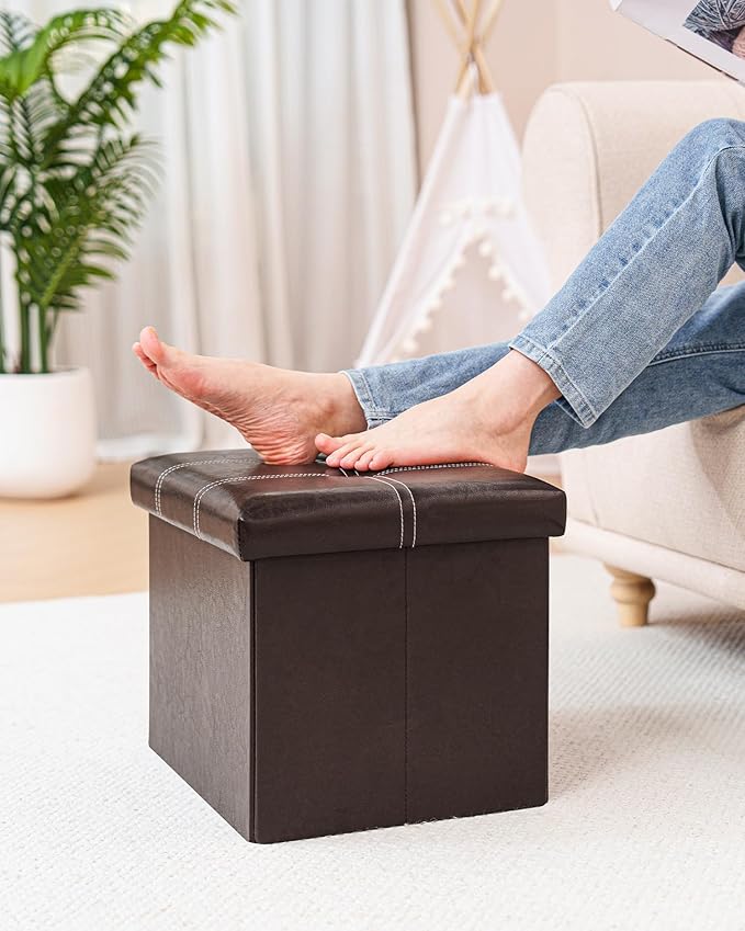 B FSOBEIIALEO Folding Storage Ottoman, Faux Leather Footrest Seat Coffee Table Toy Chest Kids, Brown 16.5"x12.6"x12.6"