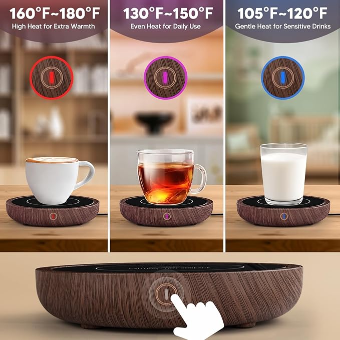 Coffee Mug Warmer, Fastest Heating Temperature, KRGMNHR Coffee Cup Warmer for Desk Auto Shut Off, 3-Temp Settings, Candle Wax Warmer Heating Plate for Coffee, Milk, Tea (Up to 180° F/80 °C), Wood