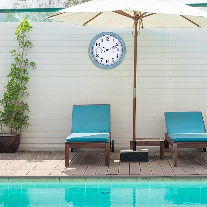 12 inch Outdoor Wall Clock, Plastic Waterproof Outdoor Clock with Temperature & Humidity, Water Resistant Wall Clocks for Patio Garden, Green