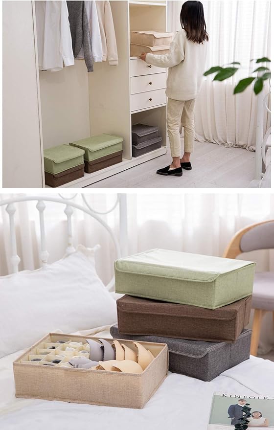 AARAINBOW 2 Packs Underwear Socks Ties Storage Organizer with Lids Foldable Closet Drawer Organizer 46 Cells, Fabric Drawer Wardrobe Divider Organizer for Bra Scarves Lingerie (30+16 Cell, 2 Beige)