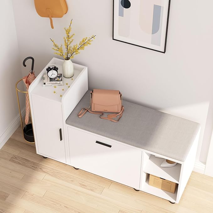 Maupvit Shoe Storage Bench with Flip Drawer Shoe Cabinet, 8 Adjustable Metal Feet, White