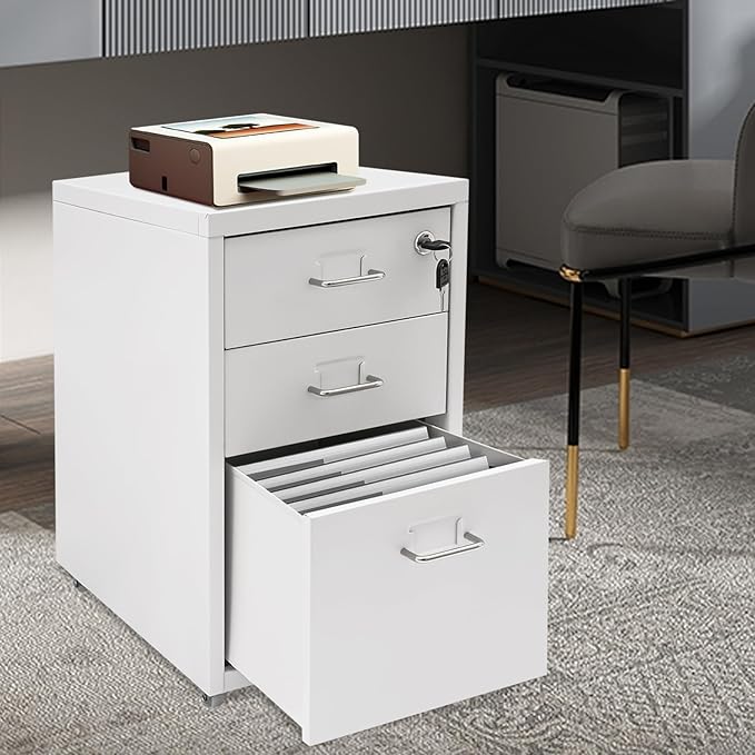 3 Drawer Rolling File Cabinet with Lock, 11 x 16 x 18.3in Filing Cabinet with Wheels, Wood Under Desk Office Storage Cabinet fits A4, Letter Sized Documents for Home Office (White)