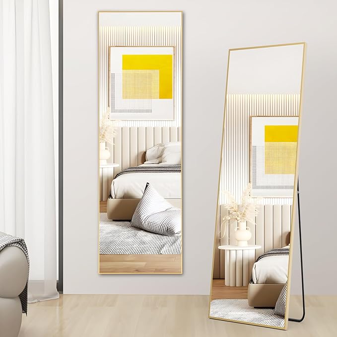 OLIXIS Full Length Mirror 59"x16" for Bedroom, Full Body Mirror with Stand, Hanging or Leaning for Wall, Aluminum Alloy Thin Frame Floor Standing for Living Room, Long, Classical Gold