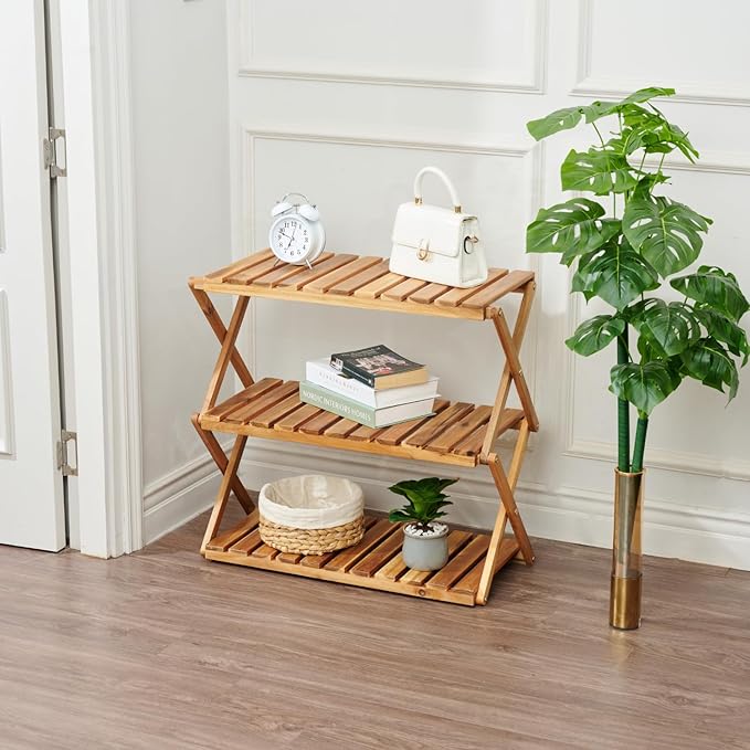 BEEFURNI Multipurpose Display Shelf Folding, 3 Tier Shelf, Acacia Wood Rack, Plant Stand Indoor, Wooden Shoe Rack, Vanity Bathroom Stand, Easy to Assemble, 1 Year Warranty