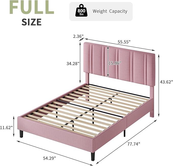 Full Bed Frames with Tufted Headboard, Upholstered Platform Bed with Wooden Slats Support, Princess Bed Frame for Girls, Easy Assembly, No Box Spring Required, Pink