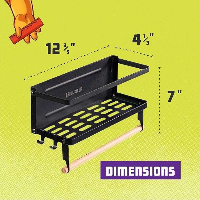 Grill Accessories Magnetic Grill Caddy & Organizer - Black Portable Powder-Coated Iron - BBQ Shelf & Tool Holder with Heavy Duty Magnets for Refrigerator & Oven - Foldable Design