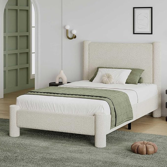 Twin Size Bed Frame, Boucle Upholstered Platform Bed with Headboard and Footboard, Soft Rounded Corners, No Box Spring Required, Easy Assembly, Cream