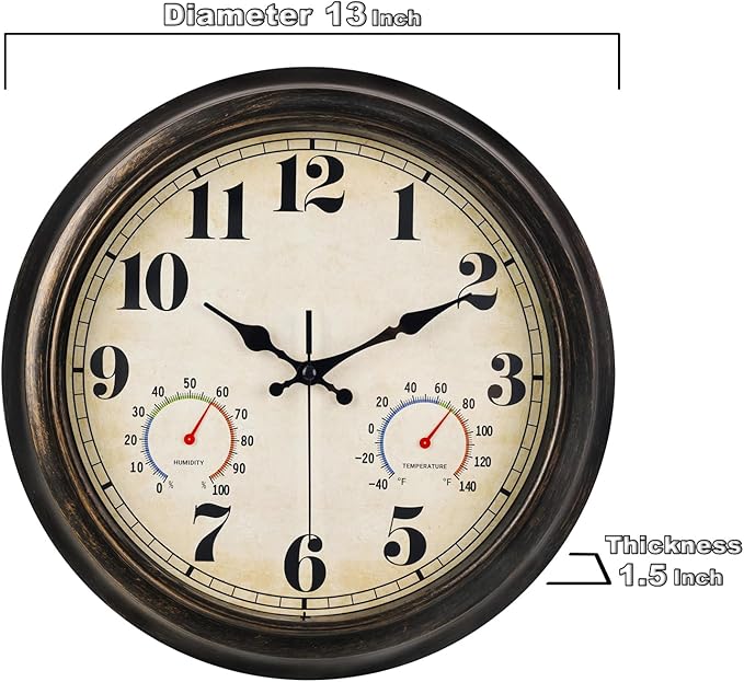 zyzamay 13 Inch Outdoor Clock with Thermometer and Hygrometer, Waterproof and Silent, Large Easy-to-Read Numbers, Ideal for Bedroom,Office,Living Room,Porch,Garden,Pool(BlackGold)