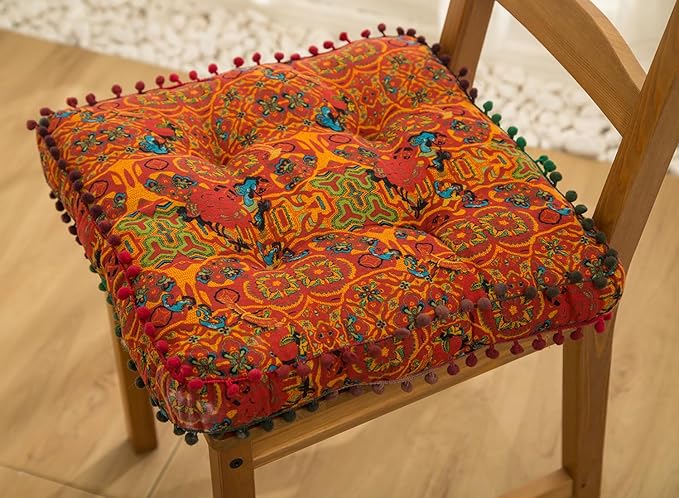 vctops Boho Cotton Linen Square Chair Seat Cushions for Dining Kitchen Office Chairs Super Soft Printed Chair Pads with Pompom Fringe (Orange,16"x16")