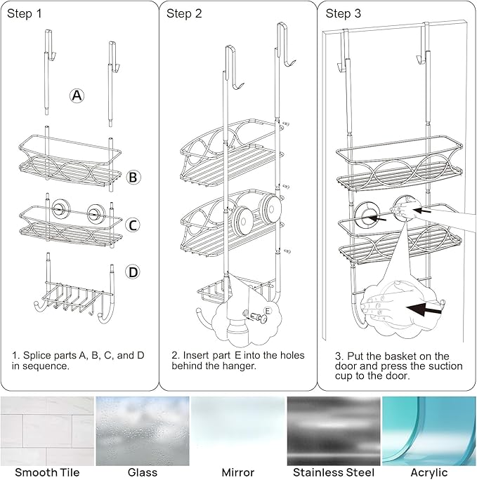 LEVERLOC Over The Door Shower Caddy, Shower Hanging Organizer Sturdy Rust Proof Bathroom Shelves with Strong Suction Cup and Reliable Hooks, Bath Basket Storage Rack, Metal Black
