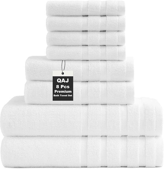 8-Piece Bath Towels Set, 100% Cotton Thick Soft Highly Absorbent Durable, Quick Dry, Bathroom Towels Set (2 Bath Towels, 2 Hand Towels, 4 Washcloths) - Perfect for Daily Use
