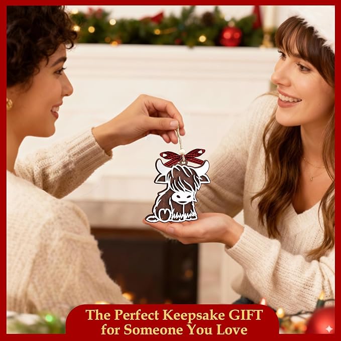 Highland Cow Ornament 2025-2 Layer Wooden Cow Ornaments for Christmas Tree - Highland Cow Gifts for Women - Cow Lover Gifts for Women - Amimal Lover Gift - Farm Animal Ornaments - Farmhouse Ornament