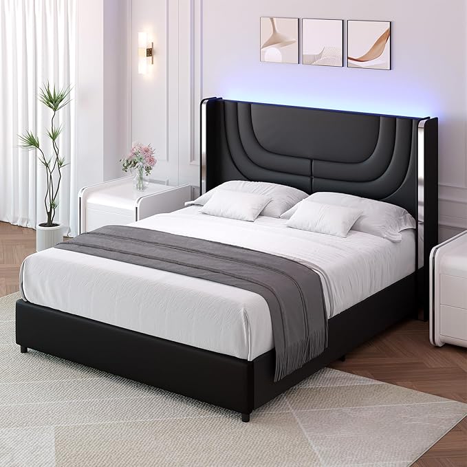 Full Size Bed Frame with LED Lights, Faux Leather Upholstered Platform with Silver Wingback Headboard, Modern Style, No Box Spring Needed, Easy Assembly, Black