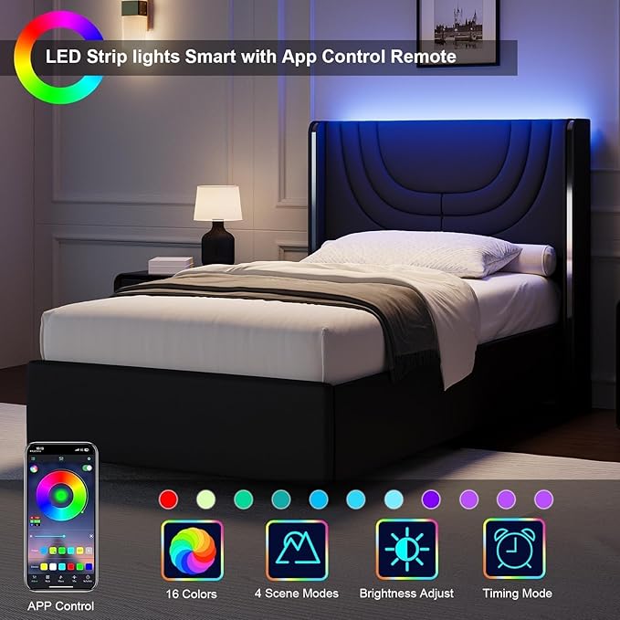 Twin Bed Frame with LED Lights, Faux Leather Upholstered Platform with Silver Wingback Headboard, Modern Style, No Box Spring Needed, Easy Assembly, Black