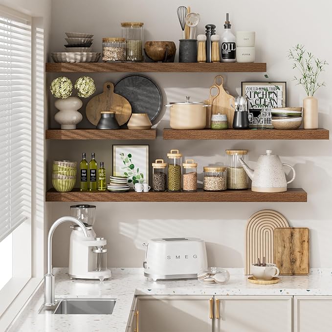 Heimlove 12 Inch Deep Floating Shelves, 55 x 12 inch Extra Long Floating Shelves for Wall, Large Display Shelf & Storage Shelf for Living Room Bedroom Kitchen Home Office, Set of 2, Walnut