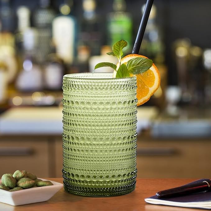 Hobnail Drinking Glasses Set of 6, Vintage Colored Glassware 14.5oz, Tall Beverage Glass Cups for Water, Juice, Cocktail (Green)