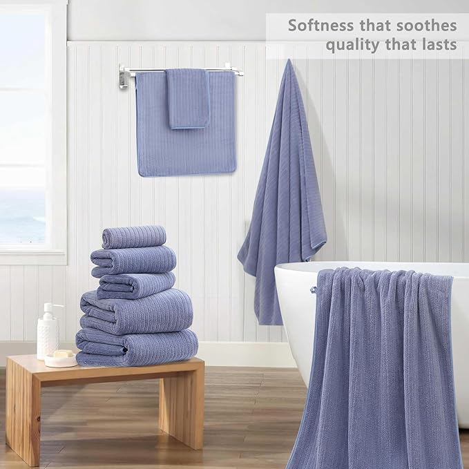 18 Piece Bath Towels Set,Soft Family Bathroom Towel Set with Hanging Loops-6 Bath Towels,6 Hand Towels,6 Washcloths,Highly Absorbent Quick Dry Shower Towel for Bathroom,Hotel,Spa-Wedgewood Towel Set