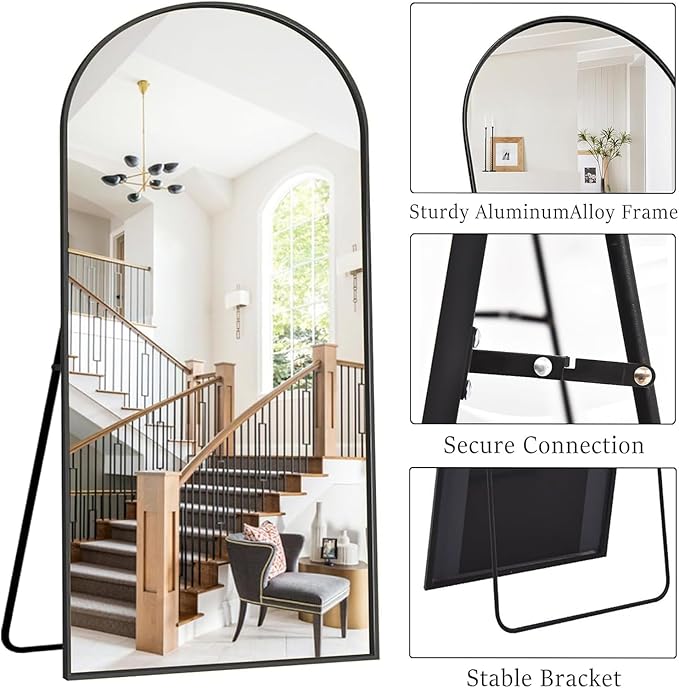 OGCAU Full Length Mirror, 76"x34" Arched-Top, Hanging or Leaning, Floor Length Full Body Standing Mirror, Wall Mounted with Aluminum Frame for Living Room (Black)
