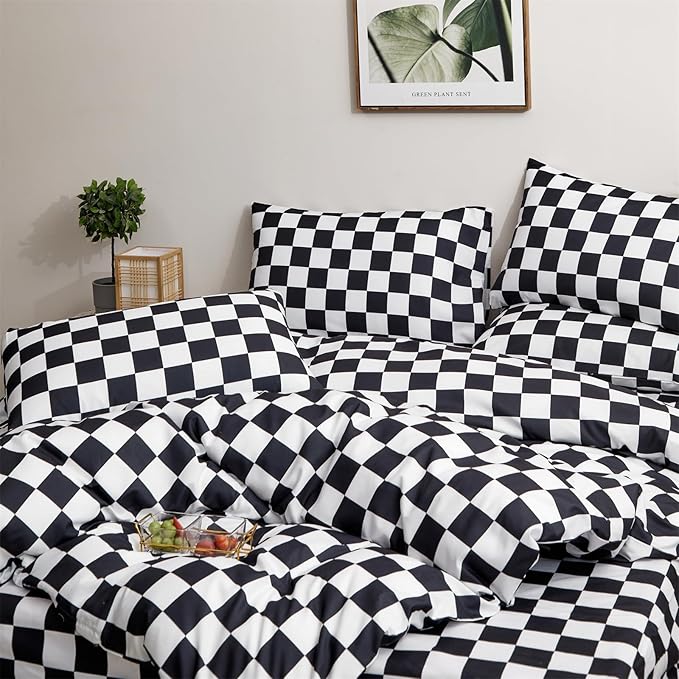 Black and White Checkered Comforter Set Full Comforter Set 3 Pieces Comforter Set Lightweight and Soft All-Season Comforter with 1 Comforter and 2 Pillowcases