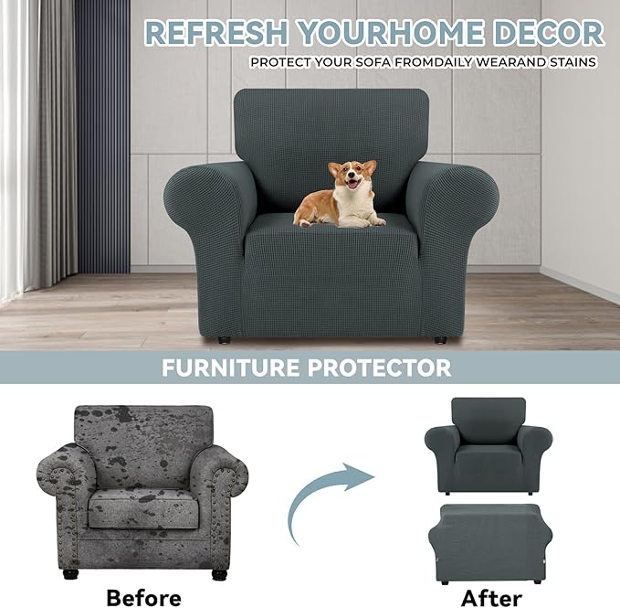 LURKA Stretch Chair Sofa Slipcovers 1 Piece Couch Covers for Sofa Furniture Protector Full Sofa Covers with Elastic Bottom for Kids and Dog (Small, Grey)