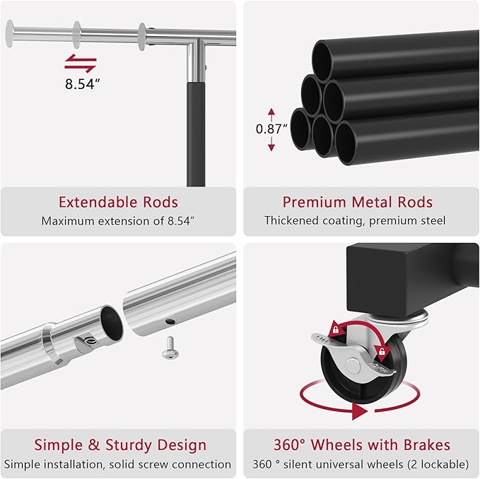 JIUYOTREE Rolling Clothes Rack with Shelf Expandable Clothing Garment Rack with Wheels Width Adjustable Clothing Organizer for Hanging Clothes Shirts Pants Skirts and Bags Black