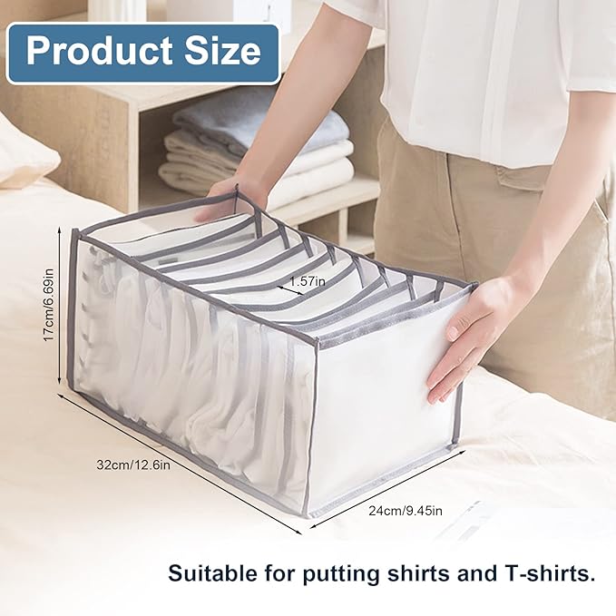 KesaPlan 2Pcs Wardrobe Clothes Organizer, 9Grids Visible Foldable Closet Organizers, Compartment Storage Box with Mesh Separation, Washable Drawer Dividers Organizers for T-Shirt & Shirts (Shirts)