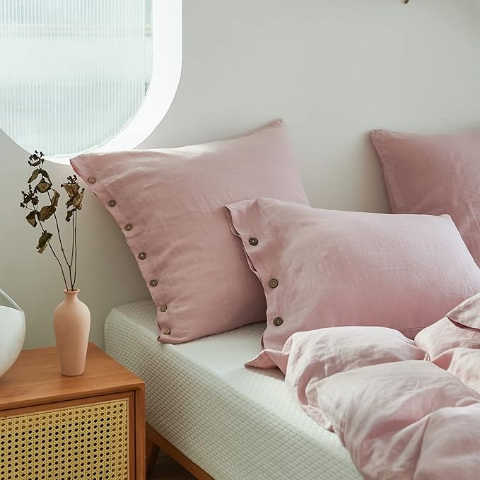 Simple&Opulence 100% Washed Linen Euro Sham Cover, 26 x 26 Inch, Decorative Bed Pillow Cover with Coconut Button, Solid Color Pillow Shams Set of 2 (Blush Pink)