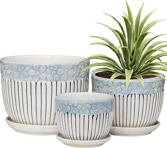 Ton Sin Grey Flower Pots,Texture Planter for Indoor Plants Set of 3 Ceramic Flower Pots with Saucer,Cute Garden Pots Succulent Pots(3 Pack,Grey