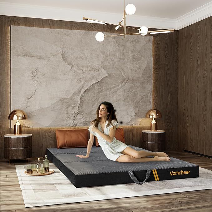 Vamcheer Tri Folding Mattress, 4 inch Full Foldable Mattress, Tri-fold Memory Foam Mat with a Collapsible and Washable Cover, Handle & Non-Slip Bottom, for Travel/Guest, 73"x52"x4", Grey