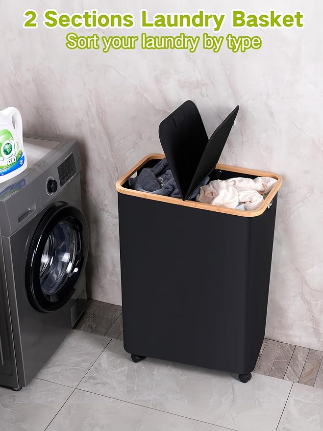 efluky Double Laundry Hamper with Wheels, Divided Laundry Hamper with Removable Bags, 2 Section Dirty Clothes Basket with Handles for Bathroom, Bedroom & Laundry Room, 160L Dark Black