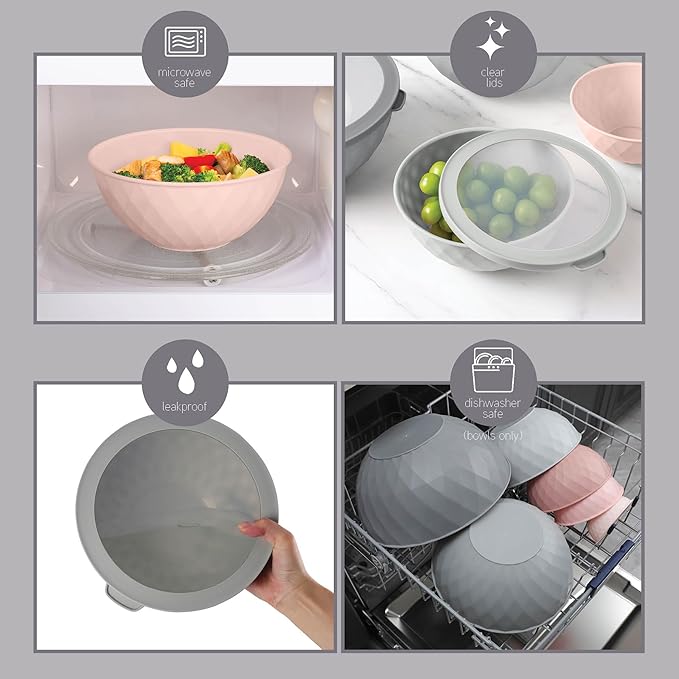 COOK WITH COLOR Mixing Bowls with Lids - 12 Piece Plastic Nesting Bowls Set includes 6 Prep Bowls and 6 Lids, Diamond Design - Microwave Safe (Mint)