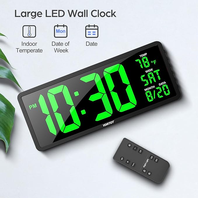 YORTOT 16β Large Digital Wall Clock with Remote Control and 7 Night Lights, 4 Level Dimmer, Super Easy to See, Big LED Clock with Indoor Temperature, Date, Perfect for Home, Office, Gym (Green)