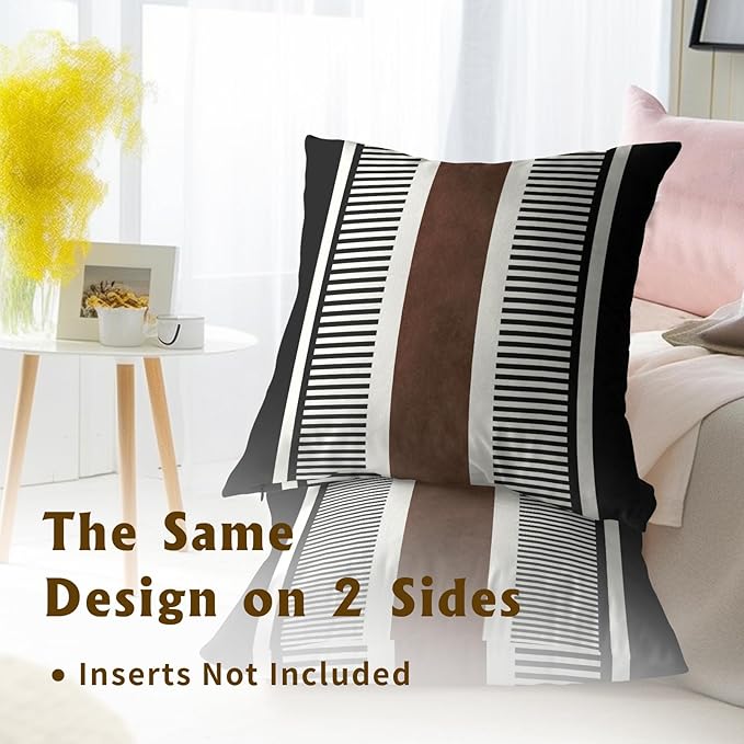 Kawani Boho Decorative Throw Pillow Covers 24x24 Inch Black White Brown Stripe Pillow Covers Set of 2 Farmhouse Rustic Decorative Pillows Modern Geometric Pillow Cases for Couch Decor