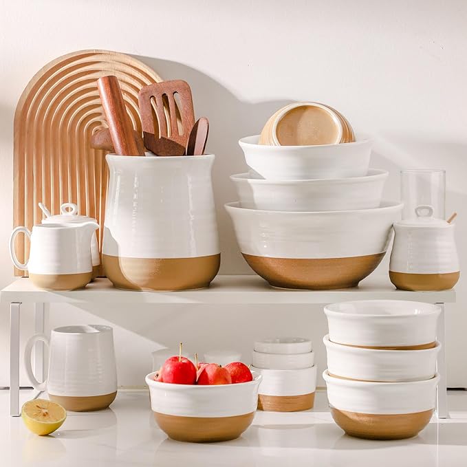 Hasense Ceramic White Colorblocked Design Bowls - 20 OZ Stackable Set of 6, Dishwasher and Microwave Safe for Pasta, Oatmeal, Rice, Ice Cream